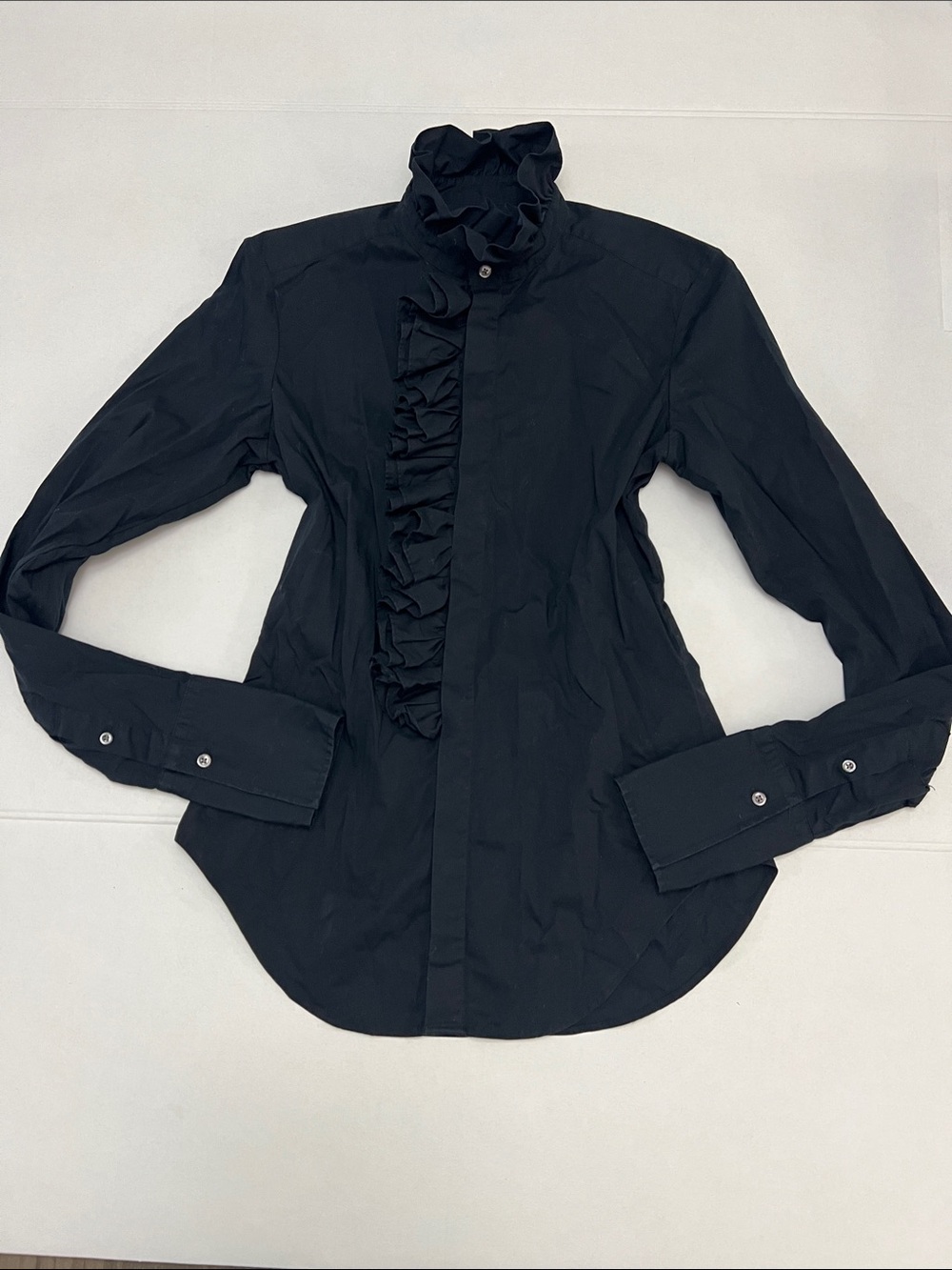 RALPH LAUREN NAVY BLUE SLIM FIT COTTON RUFFLE FRONT BUTTON DOWN SHIRT TOP 8